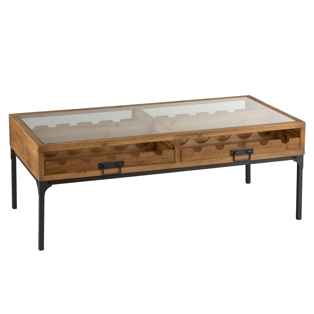 Table basse 2 tiroirs pour bouteilles FAKY métal noir et bois naturel.